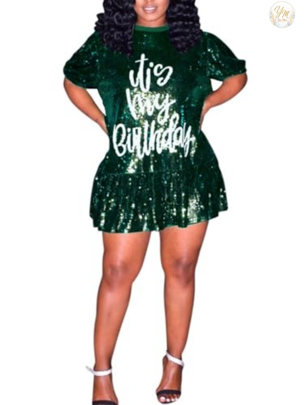 Sparkly Sequin Mini Dress Letter Print Short Sleeve Ruffle Hem Party Clubwear